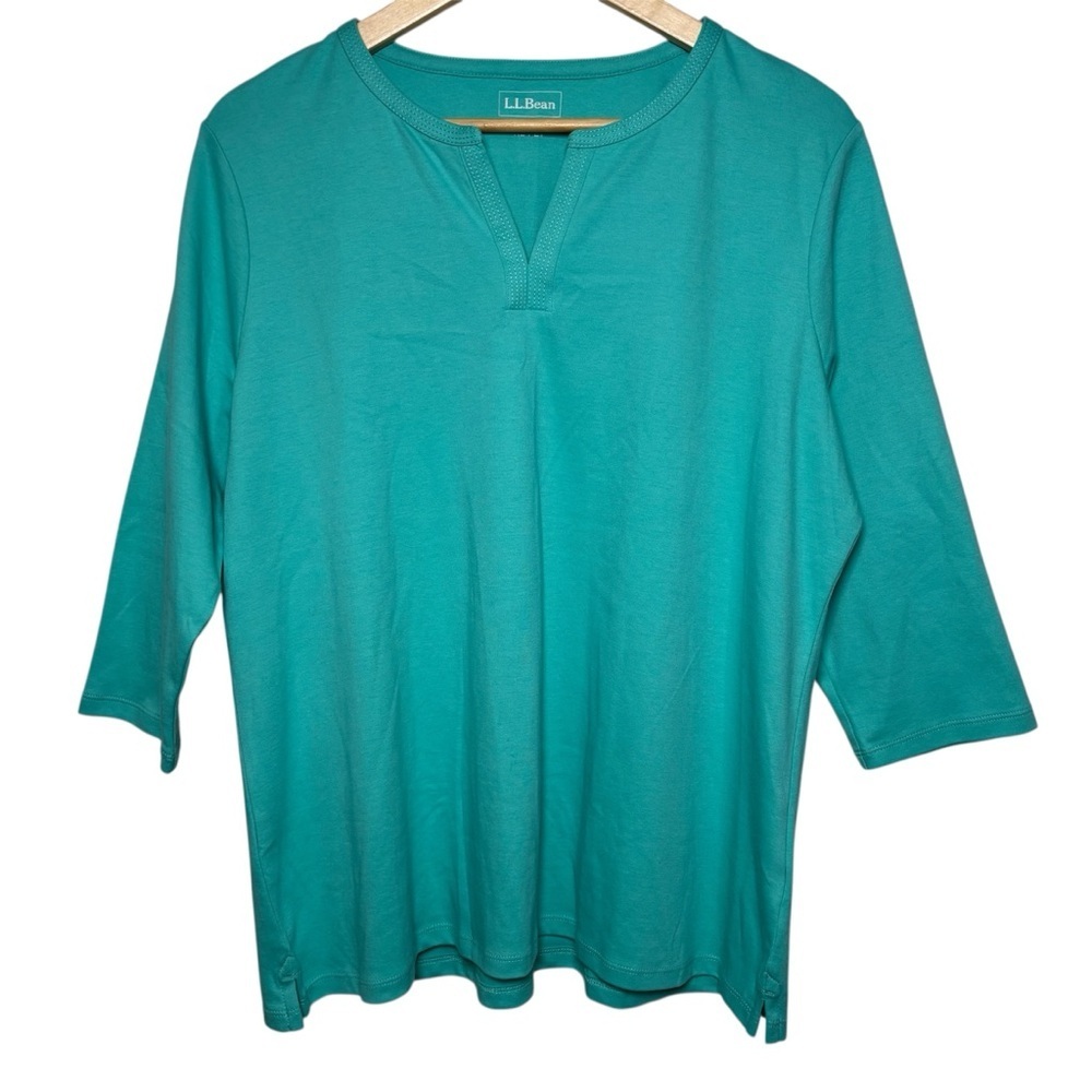 L.L.Bean Top Women's XL Petite Turquoise Blue V-Neck 3/4 Sleeve Coastal Cotton